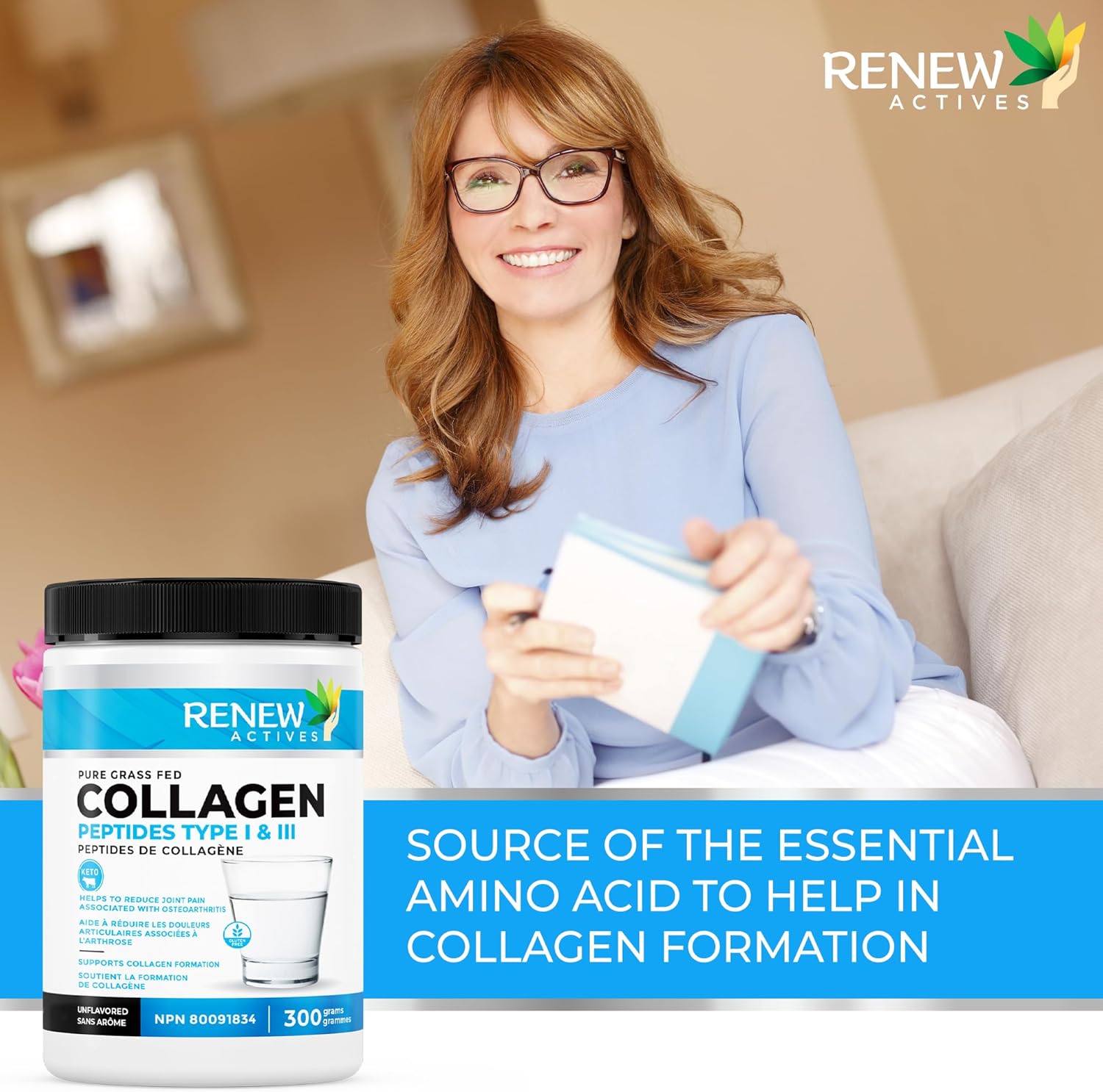 Renew Actives Grass-Fed Collagen Peptides Powder - 9.4g Protein, 39 Calories - Supports Skin, Hair, Joint Health - Keto & Paleo Friendly - Easy Dissolve - Ideal for Hot/Cold Drinks