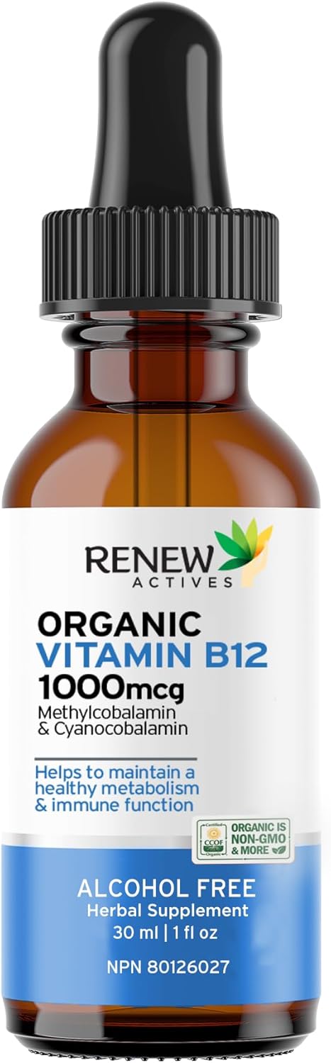Renew Actives Premium Vegan B12 Liquid Extract Drops - High-Potency Complex for Skin, Nails, Hair, & Immune Health - Fast-Absorbing 30ml Formula