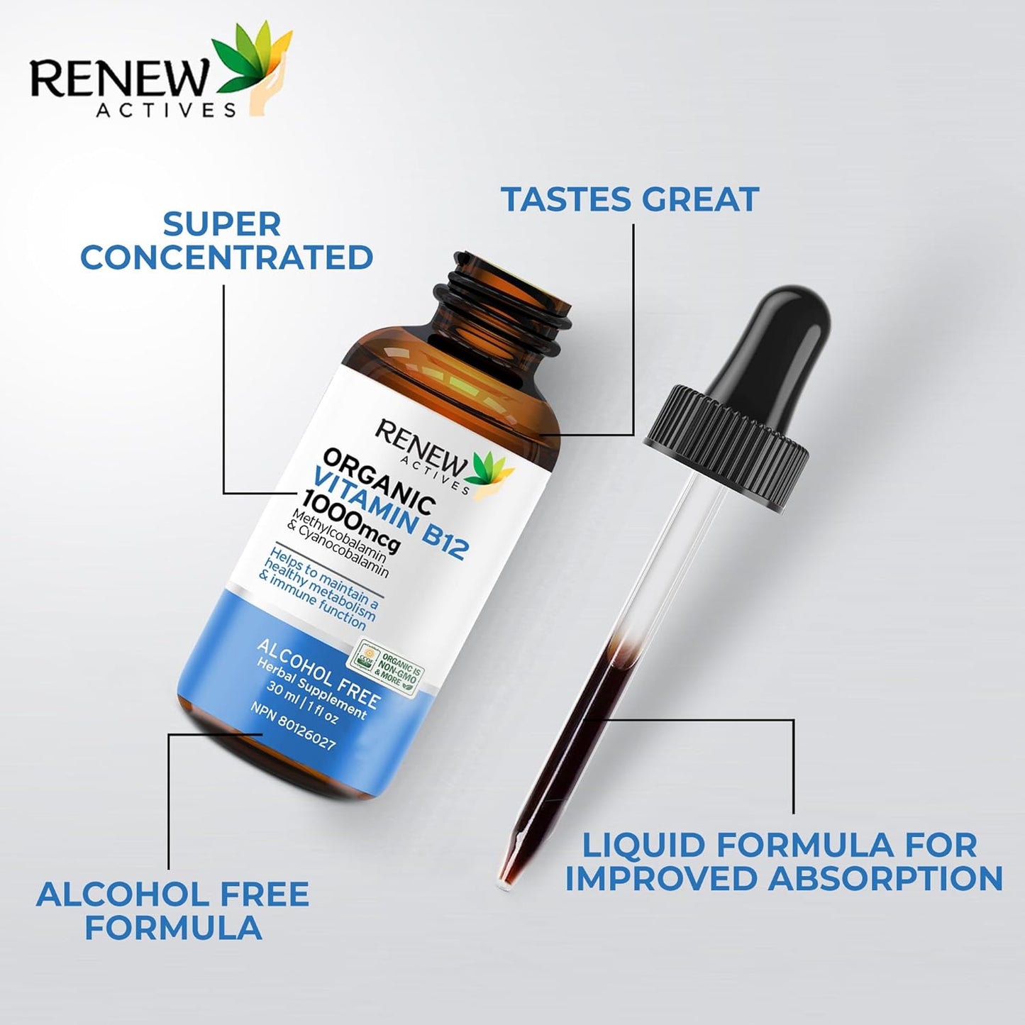 Renew Actives Premium Vegan B12 Liquid Extract Drops - High-Potency Complex for Skin, Nails, Hair, & Immune Health - Fast-Absorbing 30ml Formula