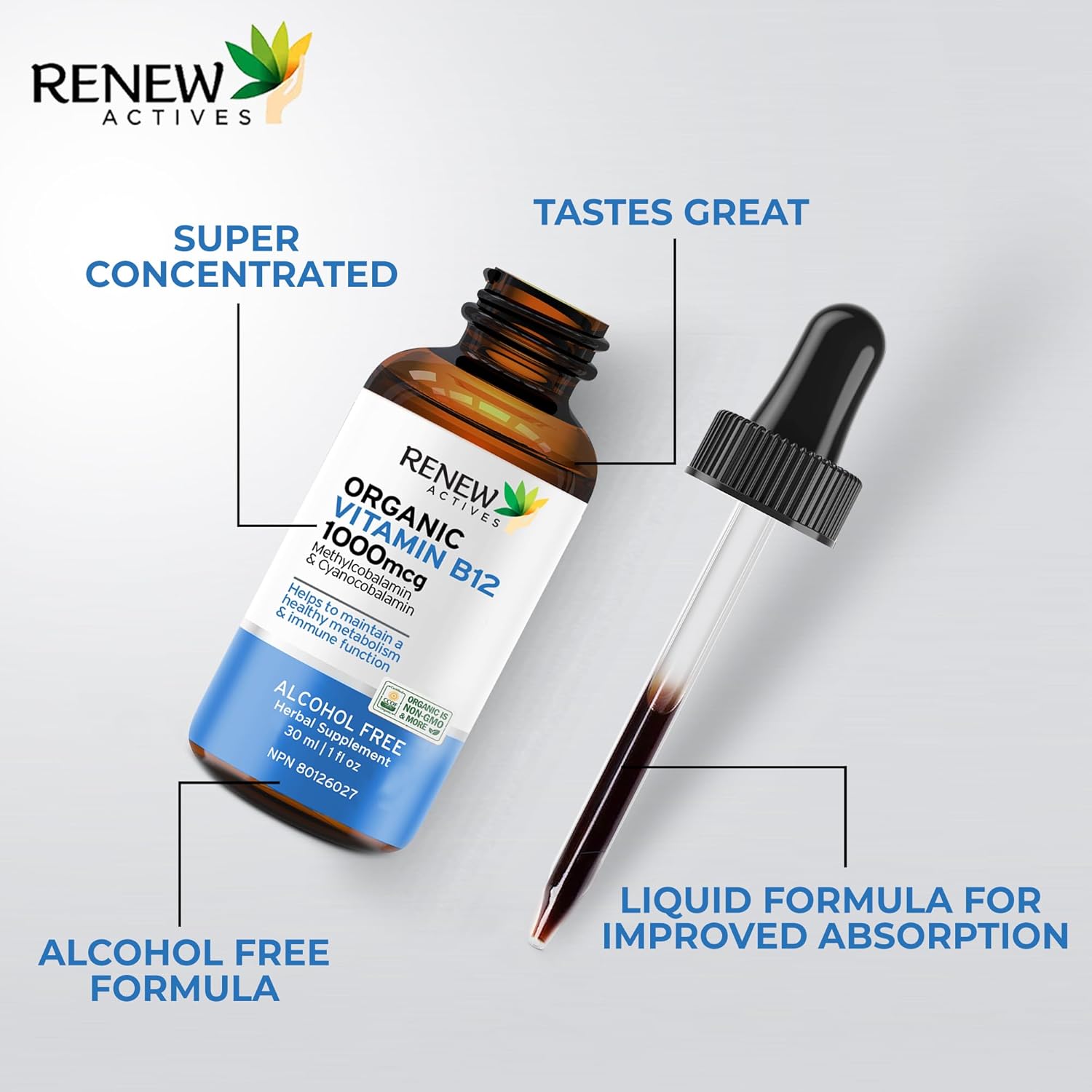 Renew Actives Premium Vegan B12 Liquid Extract Drops - High-Potency Complex for Skin, Nails, Hair, & Immune Health - Fast-Absorbing 30ml Formula