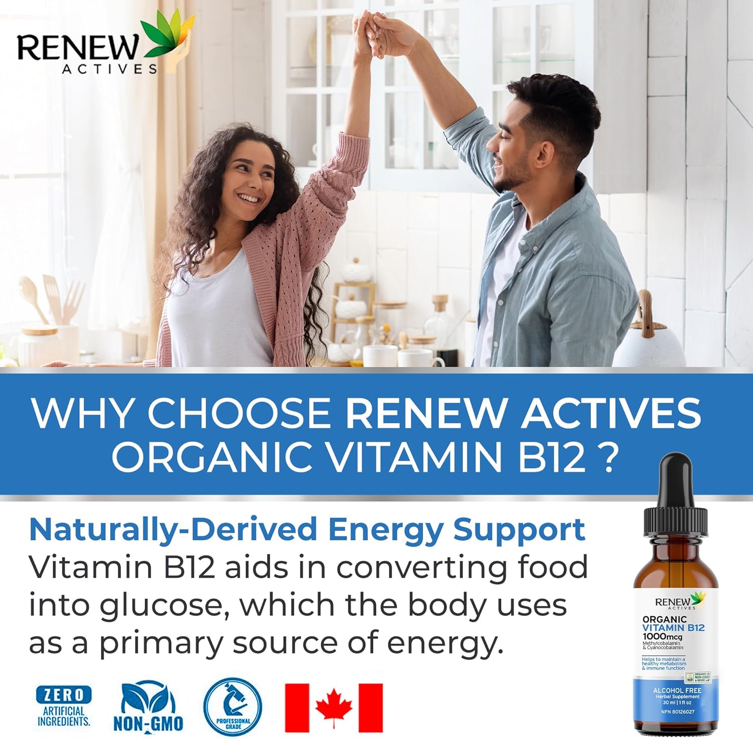 Renew Actives Premium Vegan B12 Liquid Extract Drops - High-Potency Complex for Skin, Nails, Hair, & Immune Health - Fast-Absorbing 30ml Formula