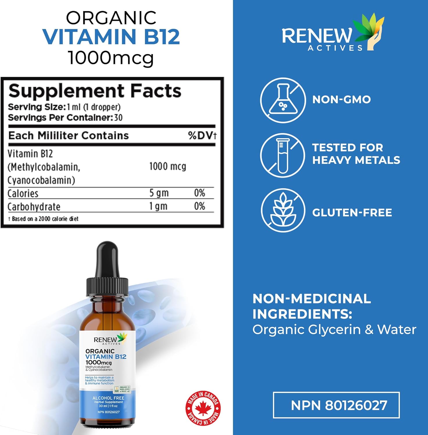 Renew Actives Premium Vegan B12 Liquid Extract Drops - High-Potency Complex for Skin, Nails, Hair, & Immune Health - Fast-Absorbing 30ml Formula