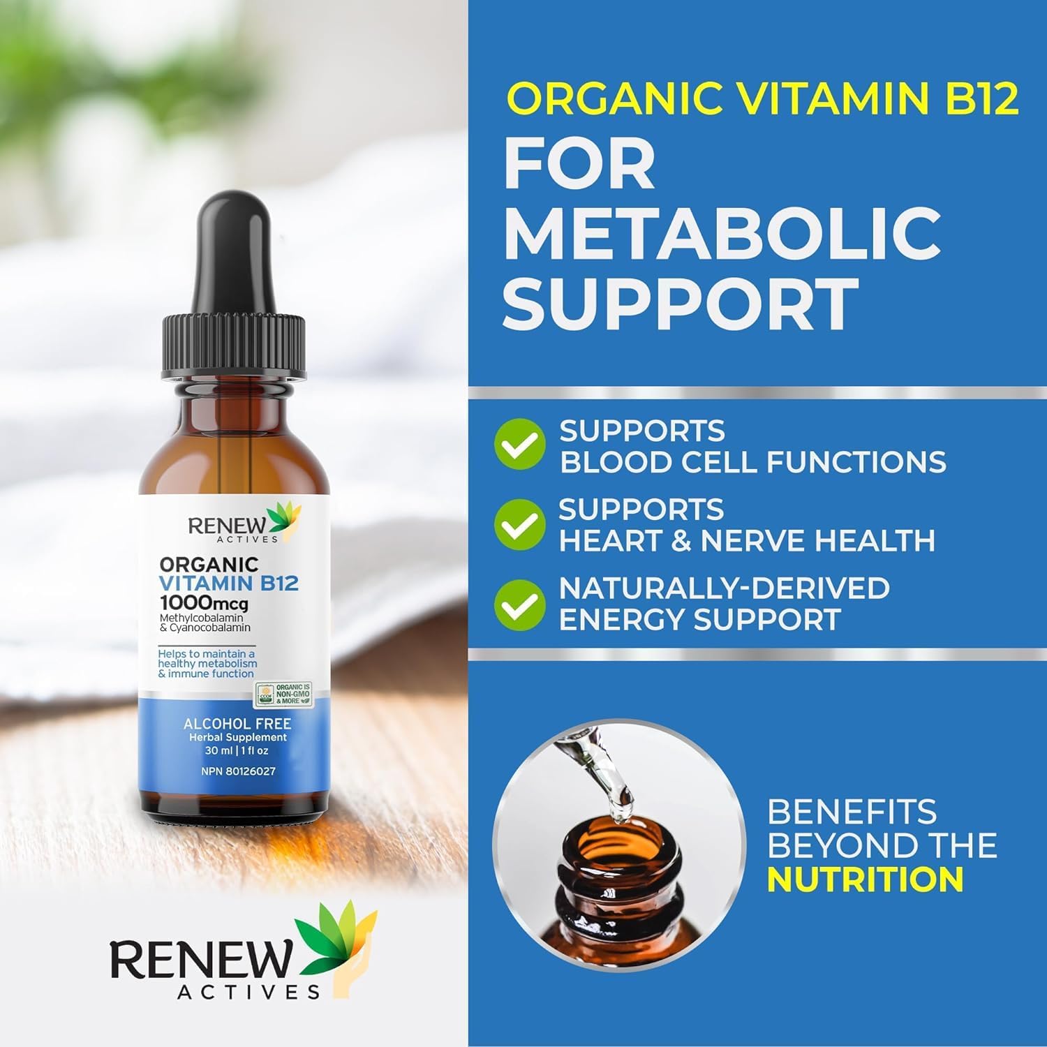 Renew Actives Premium Vegan B12 Liquid Extract Drops - High-Potency Complex for Skin, Nails, Hair, & Immune Health - Fast-Absorbing 30ml Formula