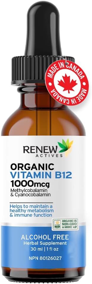 Renew Actives Premium Vegan B12 Liquid Extract Drops - High-Potency Complex for Skin, Nails, Hair, & Immune Health - Fast-Absorbing 30ml Formula