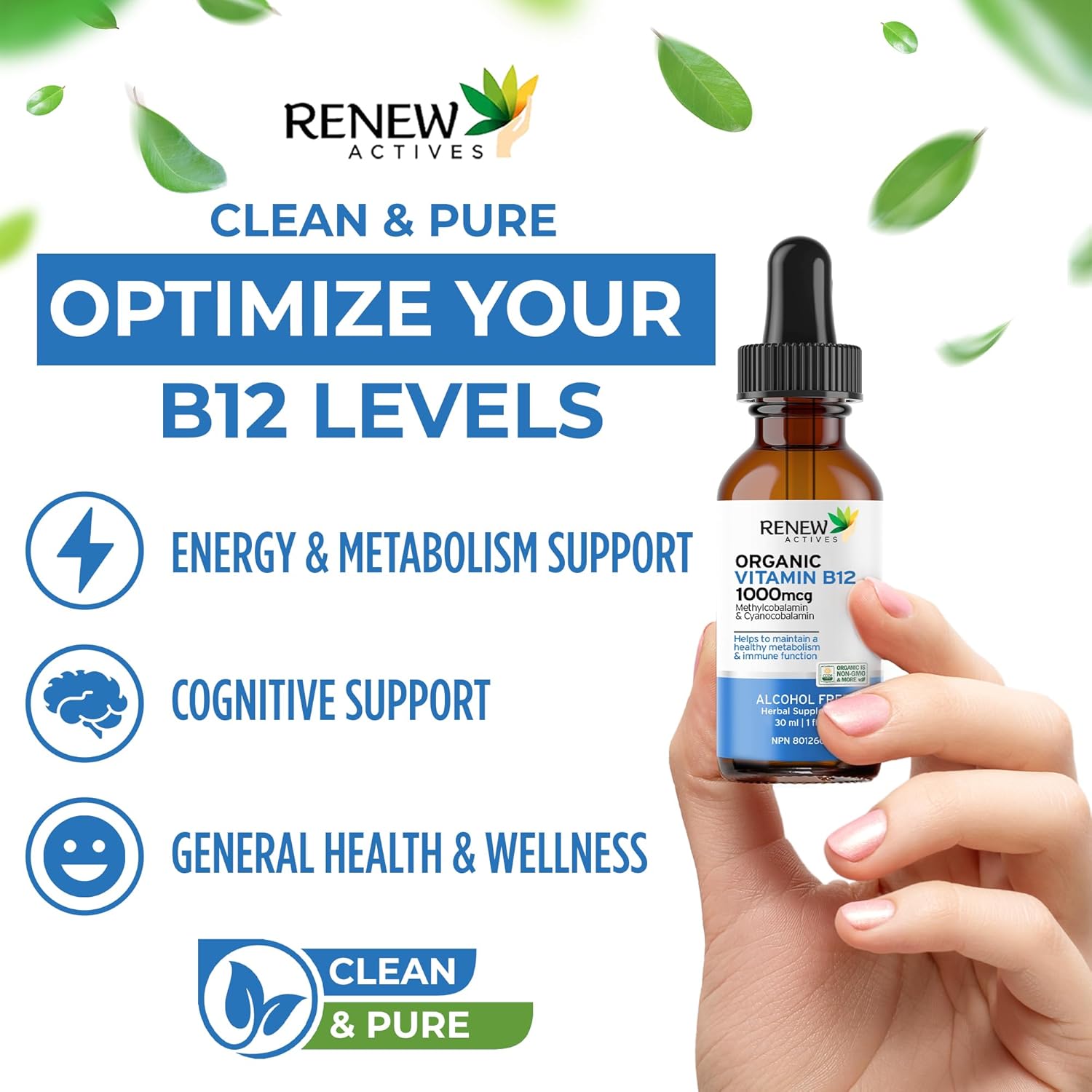 Renew Actives Premium Vegan B12 Liquid Extract Drops - High-Potency Complex for Skin, Nails, Hair, & Immune Health - Fast-Absorbing 30ml Formula