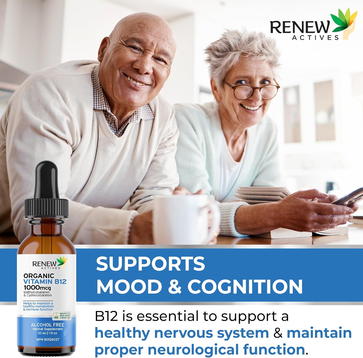 Renew Actives Premium Vegan B12 Liquid Extract Drops - High-Potency Complex for Skin, Nails, Hair, & Immune Health - Fast-Absorbing 30ml Formula