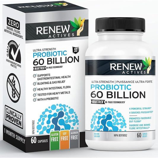 Renew Actives Probiotic Supplement - 60 Billion CFU with Prebiotic Benefits for Gut Health - Supports Digestive Balance - 60 Capsules