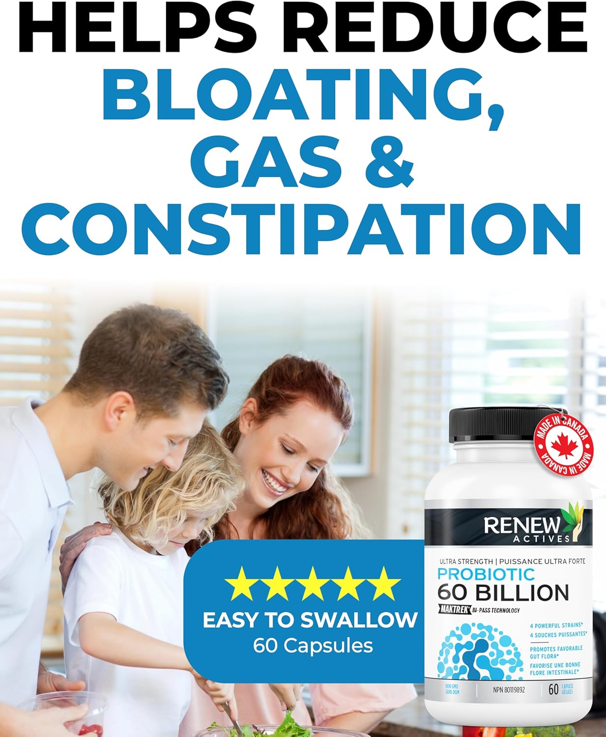 Renew Actives Probiotic Supplement - 60 Billion CFU with Prebiotic Benefits for Gut Health - Supports Digestive Balance - 60 Capsules