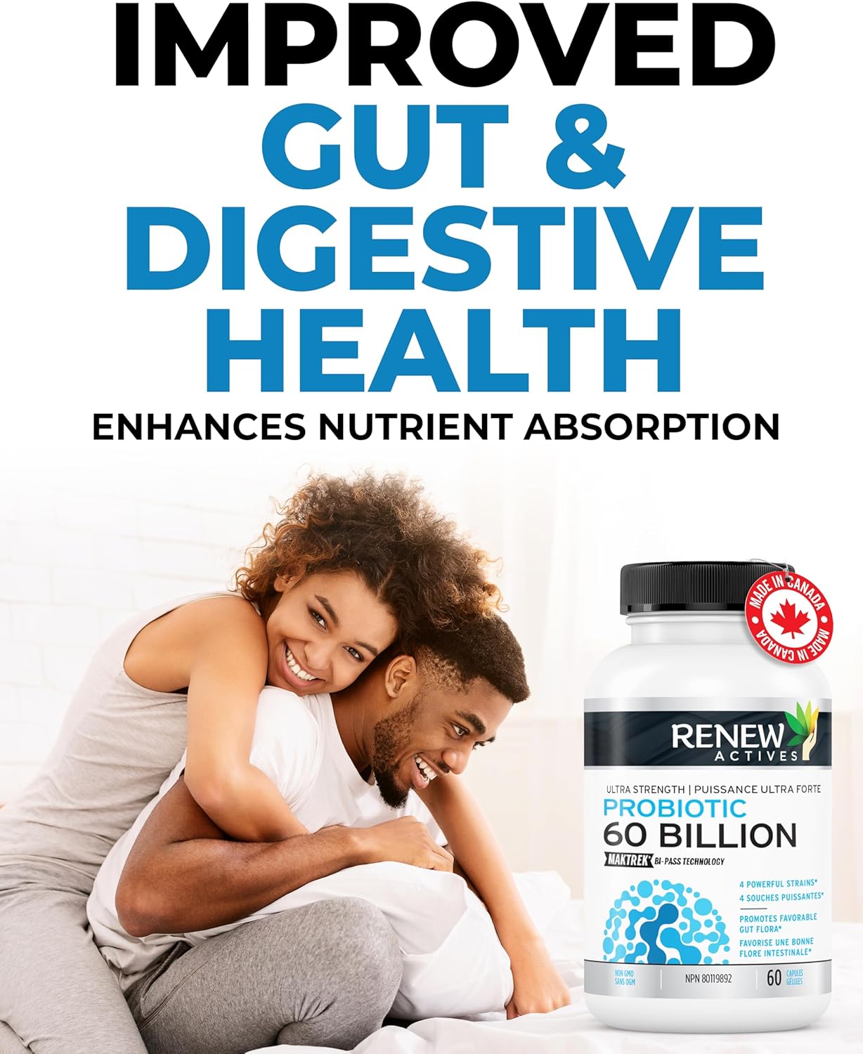 Renew Actives Probiotic Supplement - 60 Billion CFU with Prebiotic Benefits for Gut Health - Supports Digestive Balance - 60 Capsules