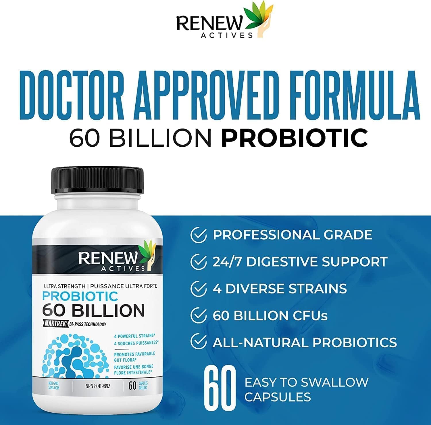 Renew Actives Probiotic Supplement - 60 Billion CFU with Prebiotic Benefits for Gut Health - Supports Digestive Balance - 60 Capsules