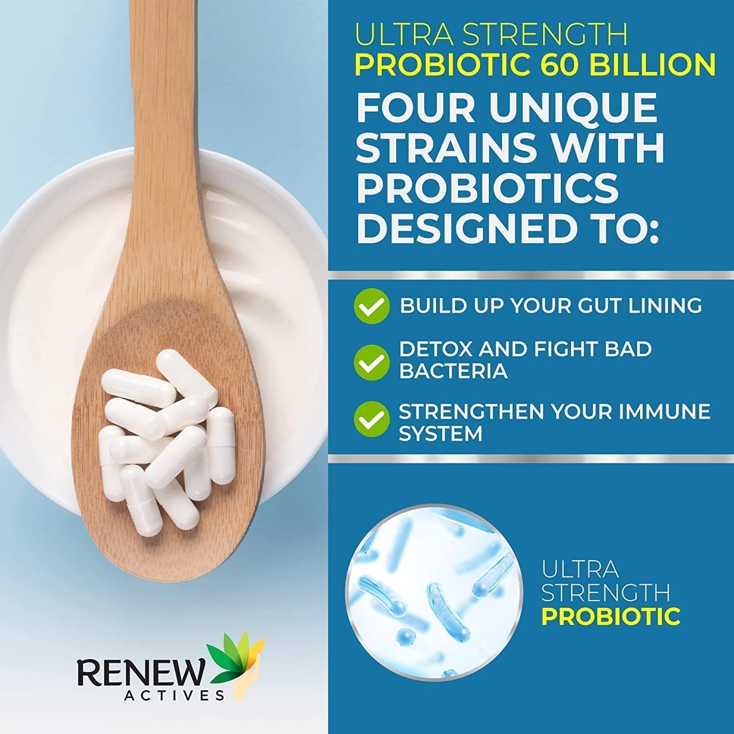 Renew Actives Probiotic Supplement - 60 Billion CFU with Prebiotic Benefits for Gut Health - Supports Digestive Balance - 60 Capsules