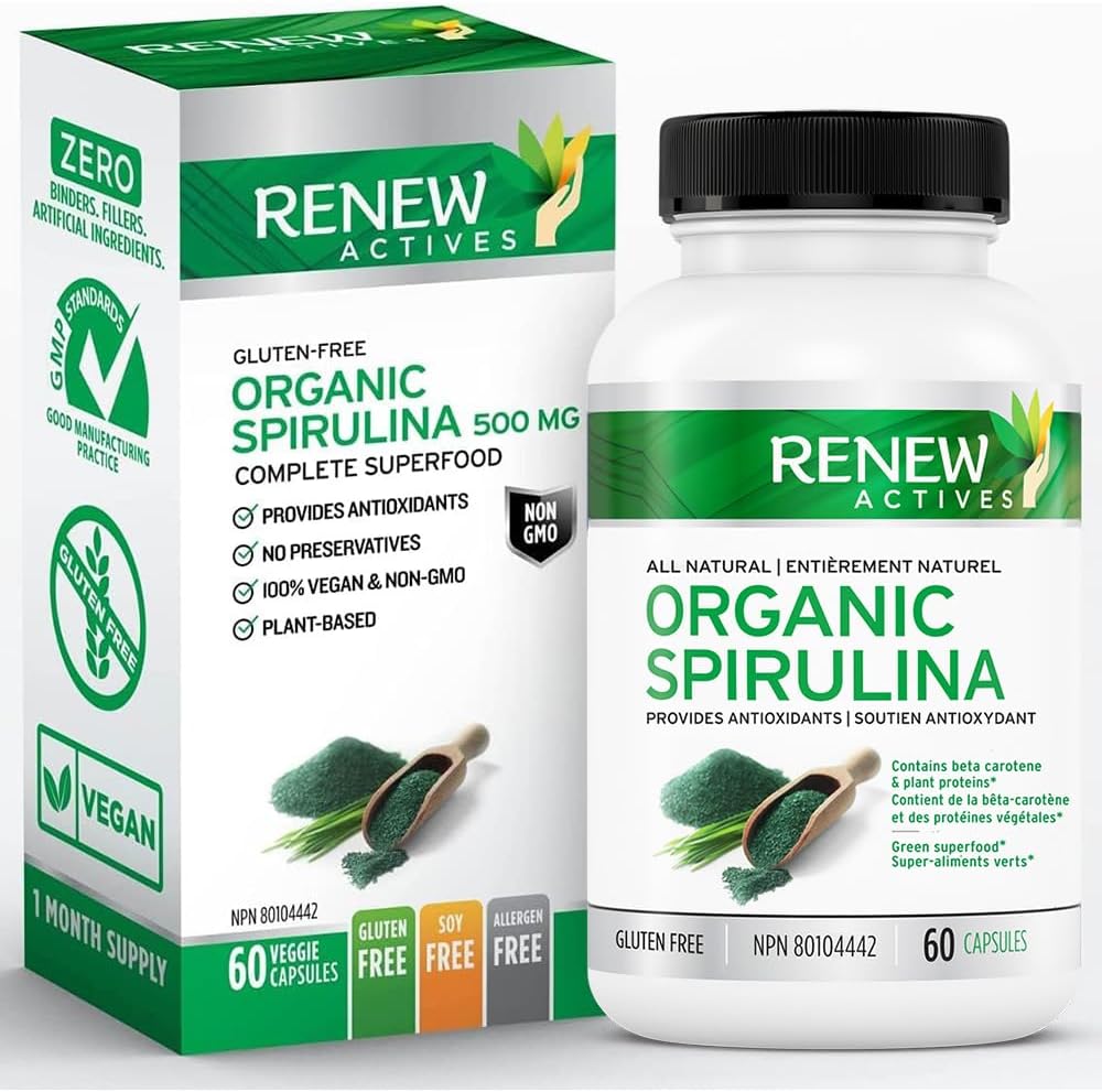 Renew Actives Spirulina Supplement - Natural Maximum Strength Antioxidant Source for Health & Wellness - 60 Capsules