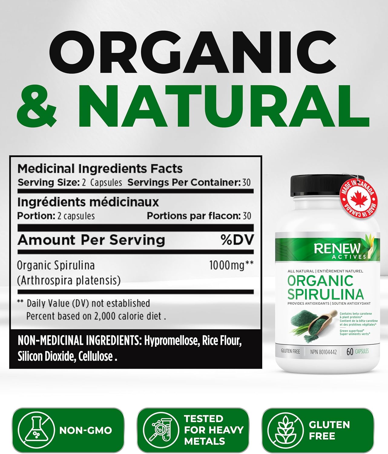 Renew Actives Spirulina Supplement - Natural Maximum Strength Antioxidant Source for Health & Wellness - 60 Capsules