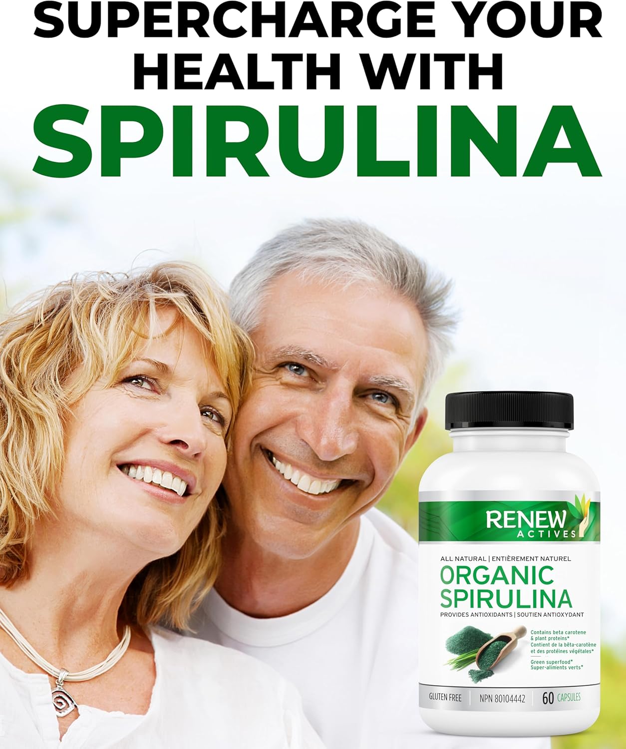 Renew Actives Spirulina Supplement - Natural Maximum Strength Antioxidant Source for Health & Wellness - 60 Capsules