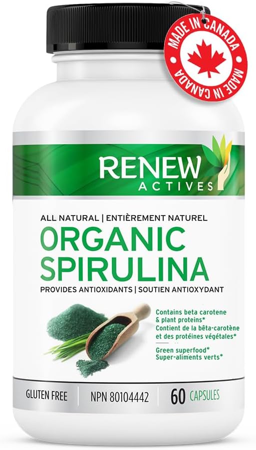 Renew Actives Spirulina Supplement - Natural Maximum Strength Antioxidant Source for Health & Wellness - 60 Capsules