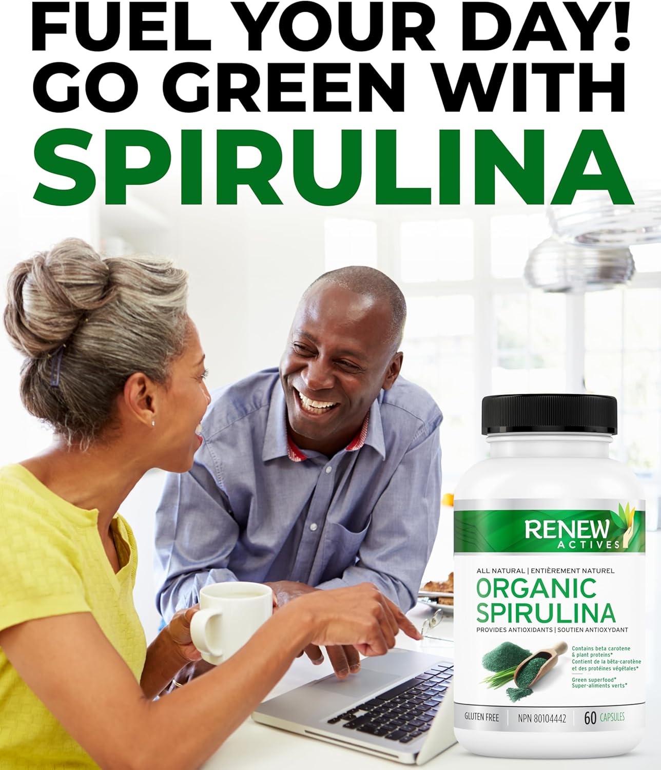 Renew Actives Spirulina Supplement - Natural Maximum Strength Antioxidant Source for Health & Wellness - 60 Capsules