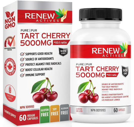 Renew Actives Tart Cherry Extract Capsules - 10,000mg per Serving - Antioxidant for Wellness - 60 Capsules - Made in Canada
