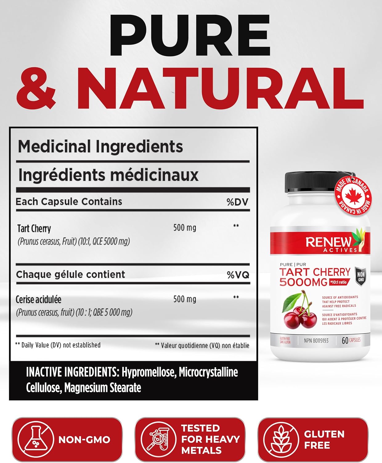 Renew Actives Tart Cherry Extract Capsules - 10,000mg per Serving - Antioxidant for Wellness - 60 Capsules - Made in Canada