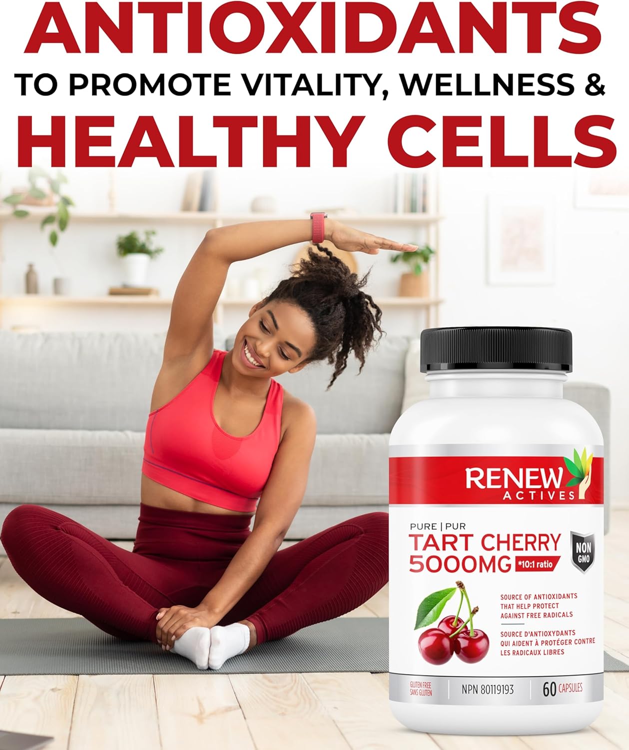 Renew Actives Tart Cherry Extract Capsules - 10,000mg per Serving - Antioxidant for Wellness - 60 Capsules - Made in Canada