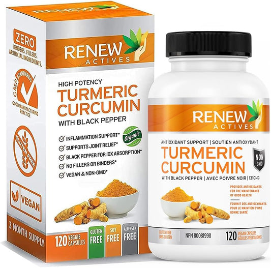 Renew Actives Turmeric Curcumin Capsules with Black Pepper - Supports Digestive Health, Liver Function, Wound Healing, Joint Relief, Mobility, & Wellness - 120 Count