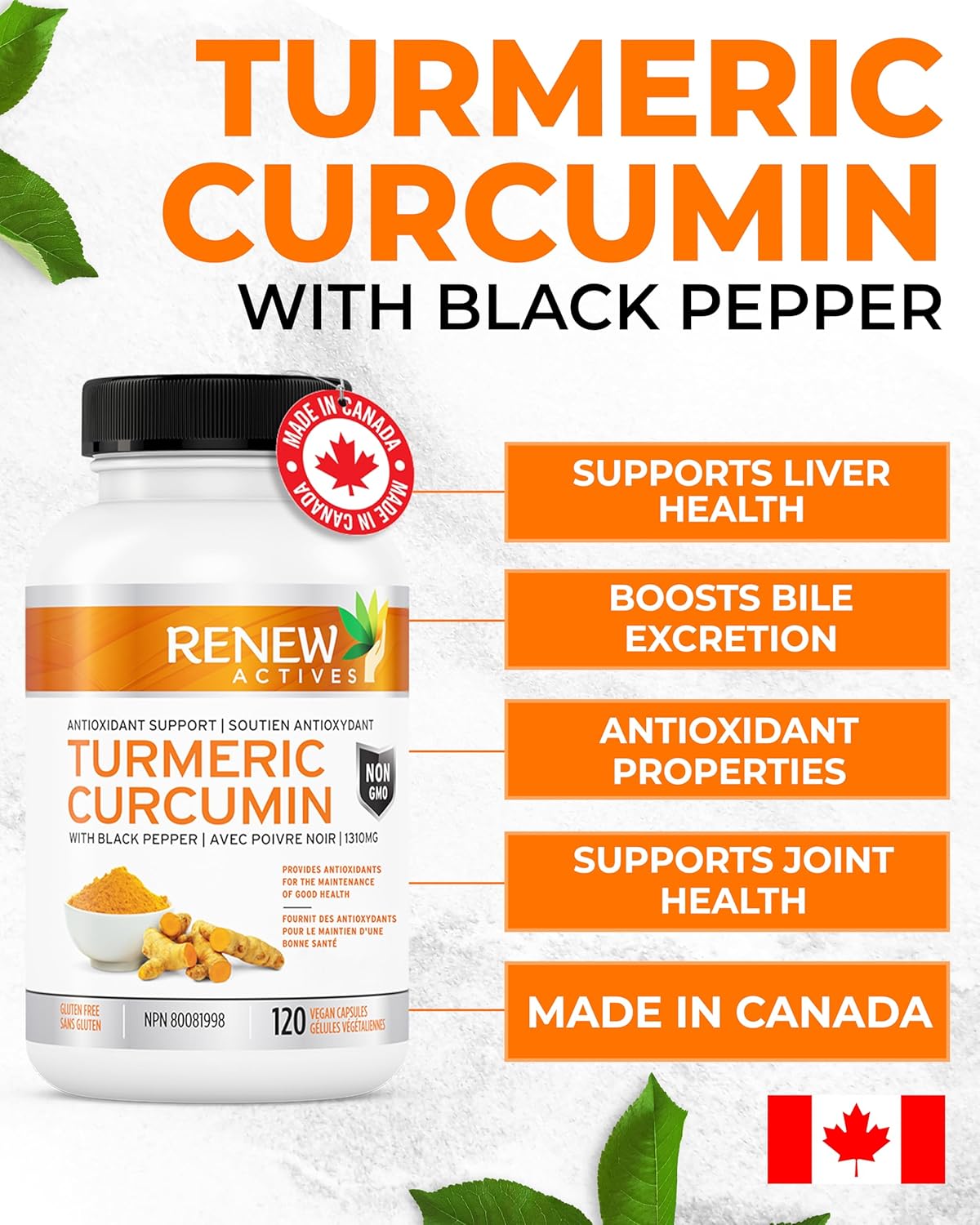 Renew Actives Turmeric Curcumin Capsules with Black Pepper - Supports Digestive Health, Liver Function, Wound Healing, Joint Relief, Mobility, & Wellness - 120 Count