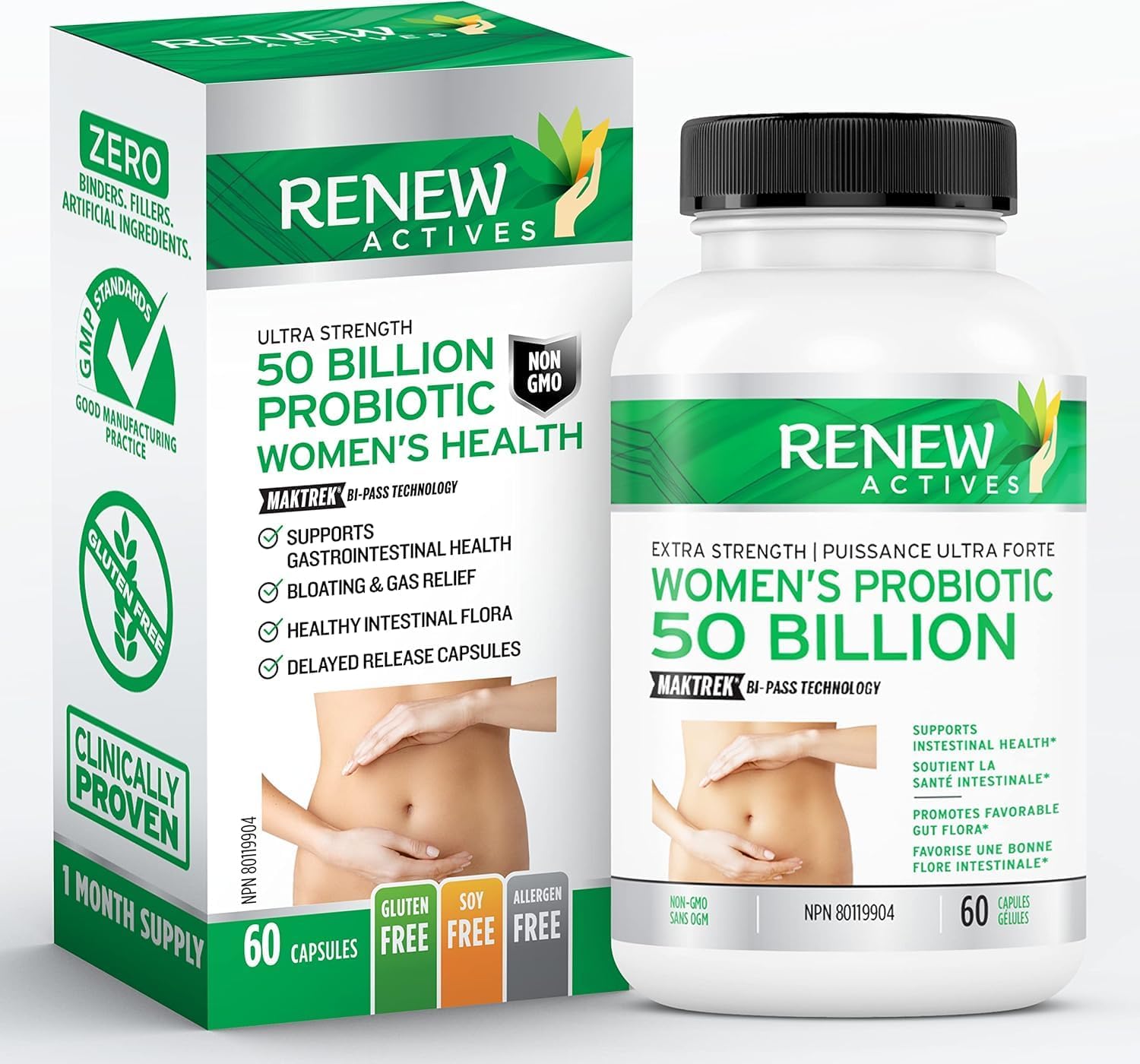 Renew Actives Women's Probiotic Supplement 50 Billion CFU - MAKTREK Bi-Pass Technology, 5 Strains & Prebiotic Blend - Promotes Digestive Health & Gut Flora Balance - 60 Capsules