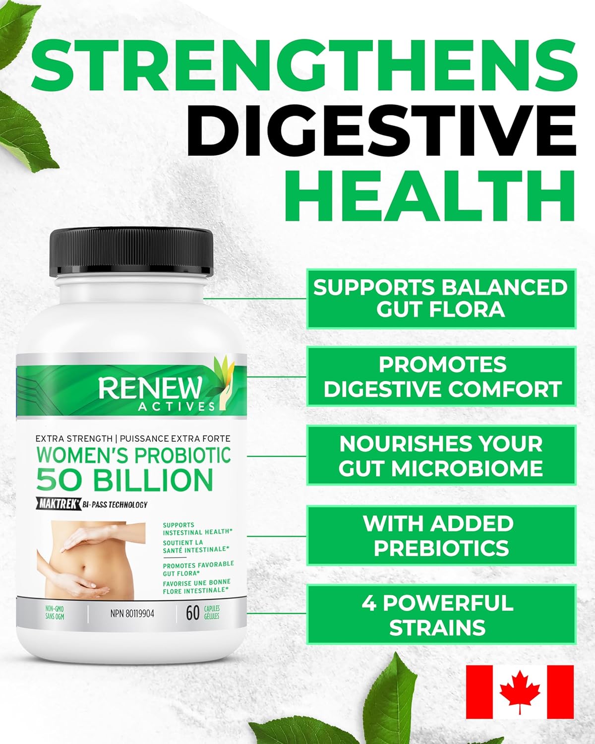 Renew Actives Women's Probiotic Supplement 50 Billion CFU - MAKTREK Bi-Pass Technology, 5 Strains & Prebiotic Blend - Promotes Digestive Health & Gut Flora Balance - 60 Capsules