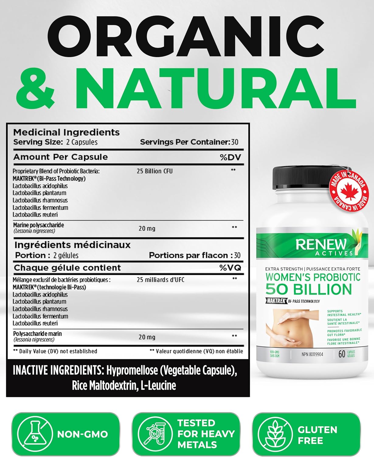Renew Actives Women's Probiotic Supplement 50 Billion CFU - MAKTREK Bi-Pass Technology, 5 Strains & Prebiotic Blend - Promotes Digestive Health & Gut Flora Balance - 60 Capsules