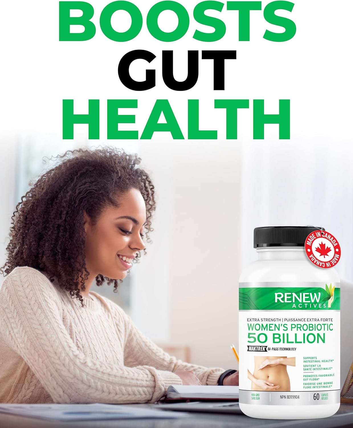 Renew Actives Women's Probiotic Supplement 50 Billion CFU - MAKTREK Bi-Pass Technology, 5 Strains & Prebiotic Blend - Promotes Digestive Health & Gut Flora Balance - 60 Capsules