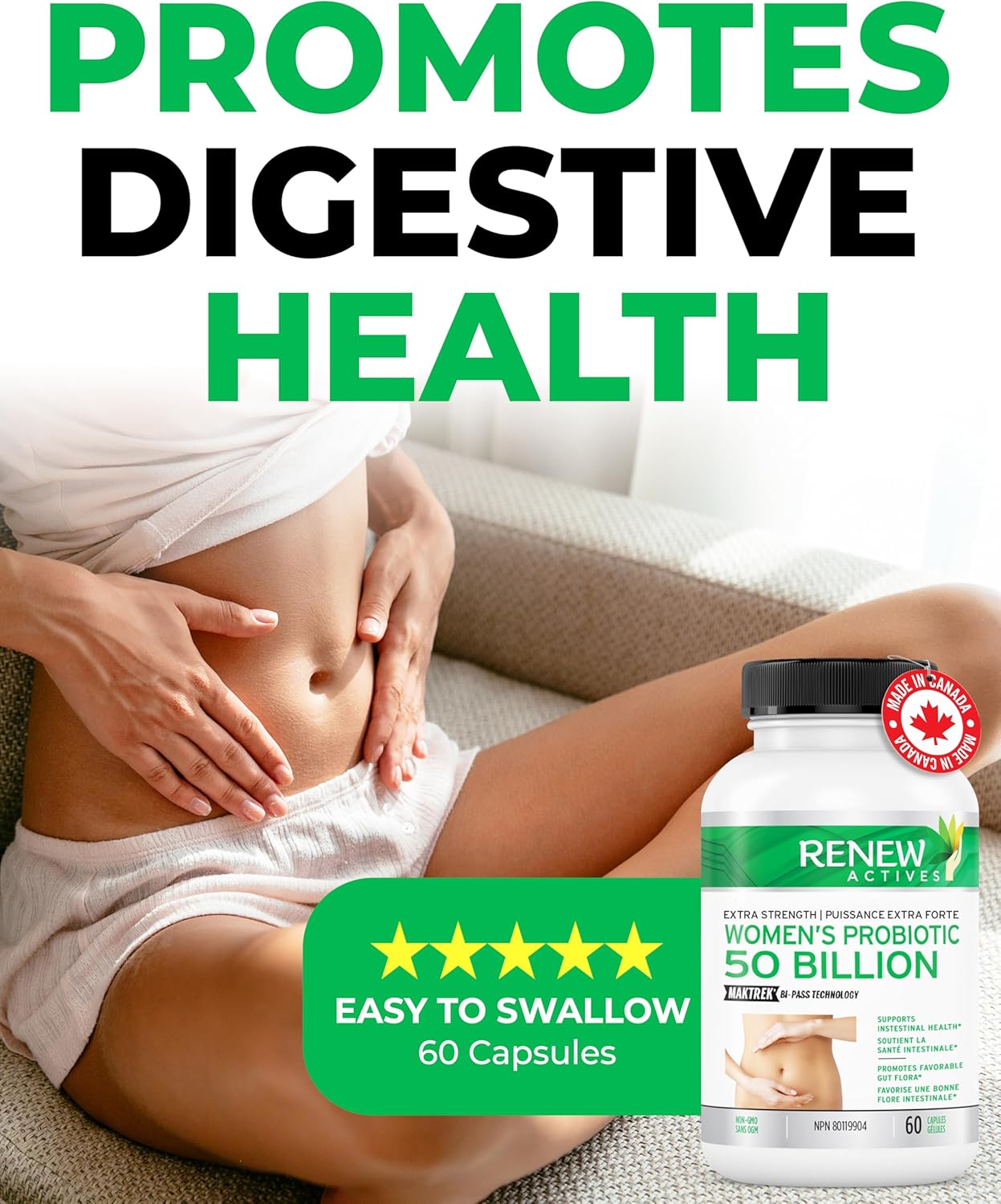 Renew Actives Women's Probiotic Supplement 50 Billion CFU - MAKTREK Bi-Pass Technology, 5 Strains & Prebiotic Blend - Promotes Digestive Health & Gut Flora Balance - 60 Capsules