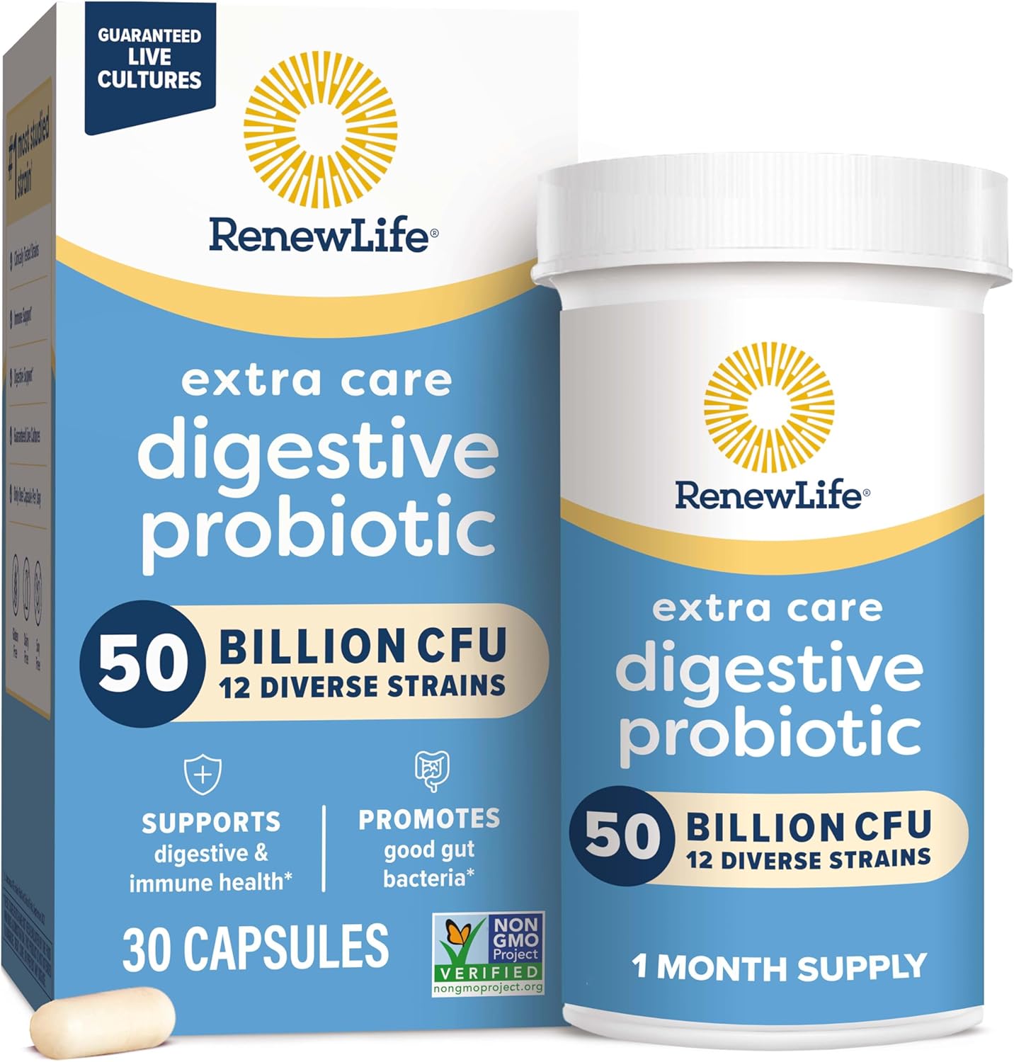 Renew Life Extra Care Probiotic Capsules - 50 Billion CFU for Digestive Health - L. Rhamnosus GG - Dairy, Soy, Gluten-Free - 30 Count