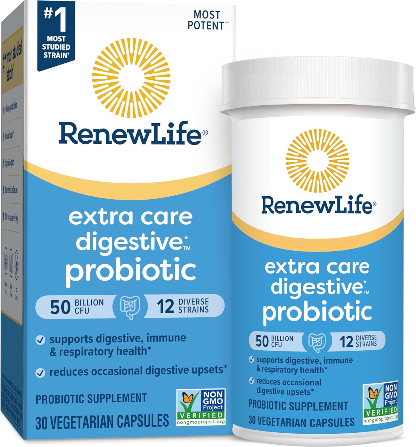 Renew Life Extra Care Probiotic Capsules - 50 Billion CFU for Digestive Health - L. Rhamnosus GG - Dairy, Soy, Gluten-Free - 30 Count