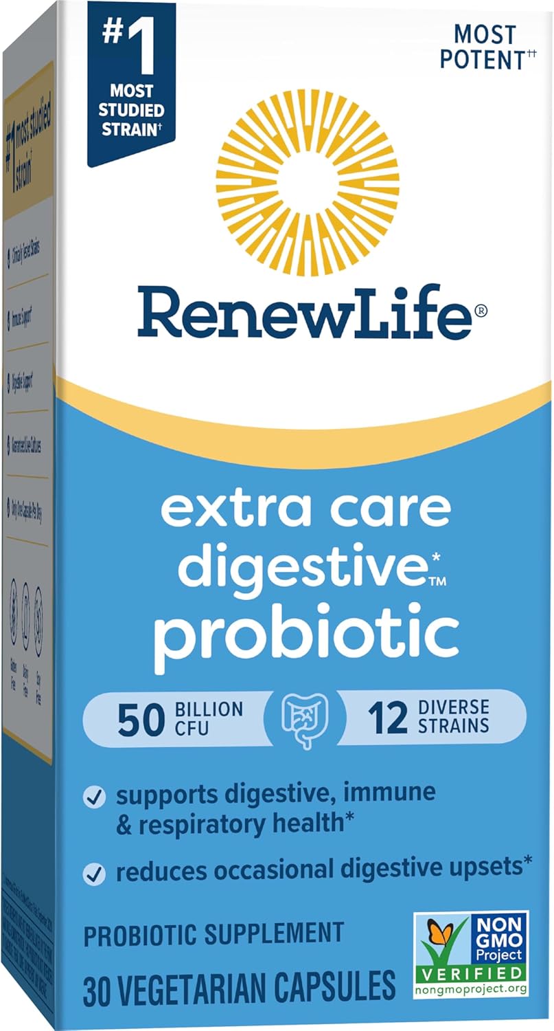 Renew Life Extra Care Probiotic Capsules - 50 Billion CFU for Digestive Health - L. Rhamnosus GG - Dairy, Soy, Gluten-Free - 30 Count