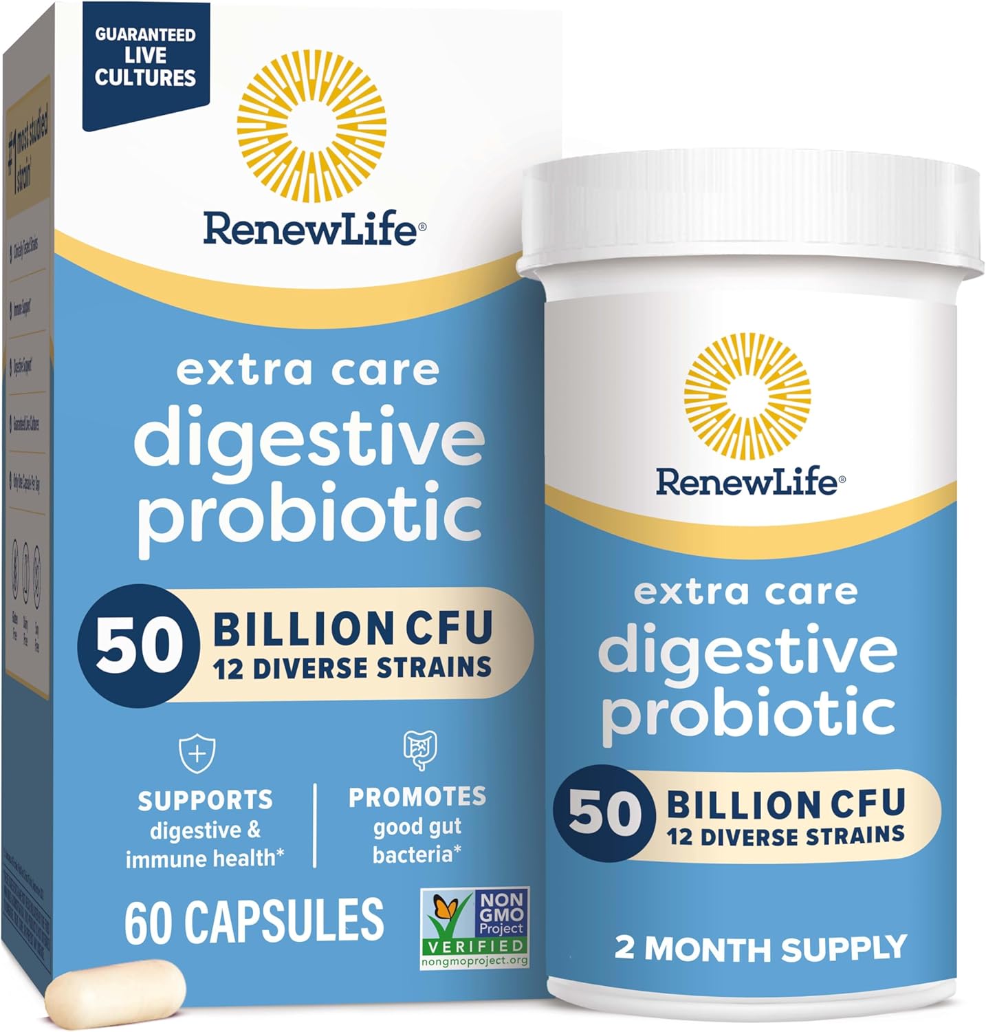 Renew Life Extra Care Probiotic Capsules, 50 Billion CFU, Daily Supplement for Immune, Digestive, Respiratory Health - 60 Count