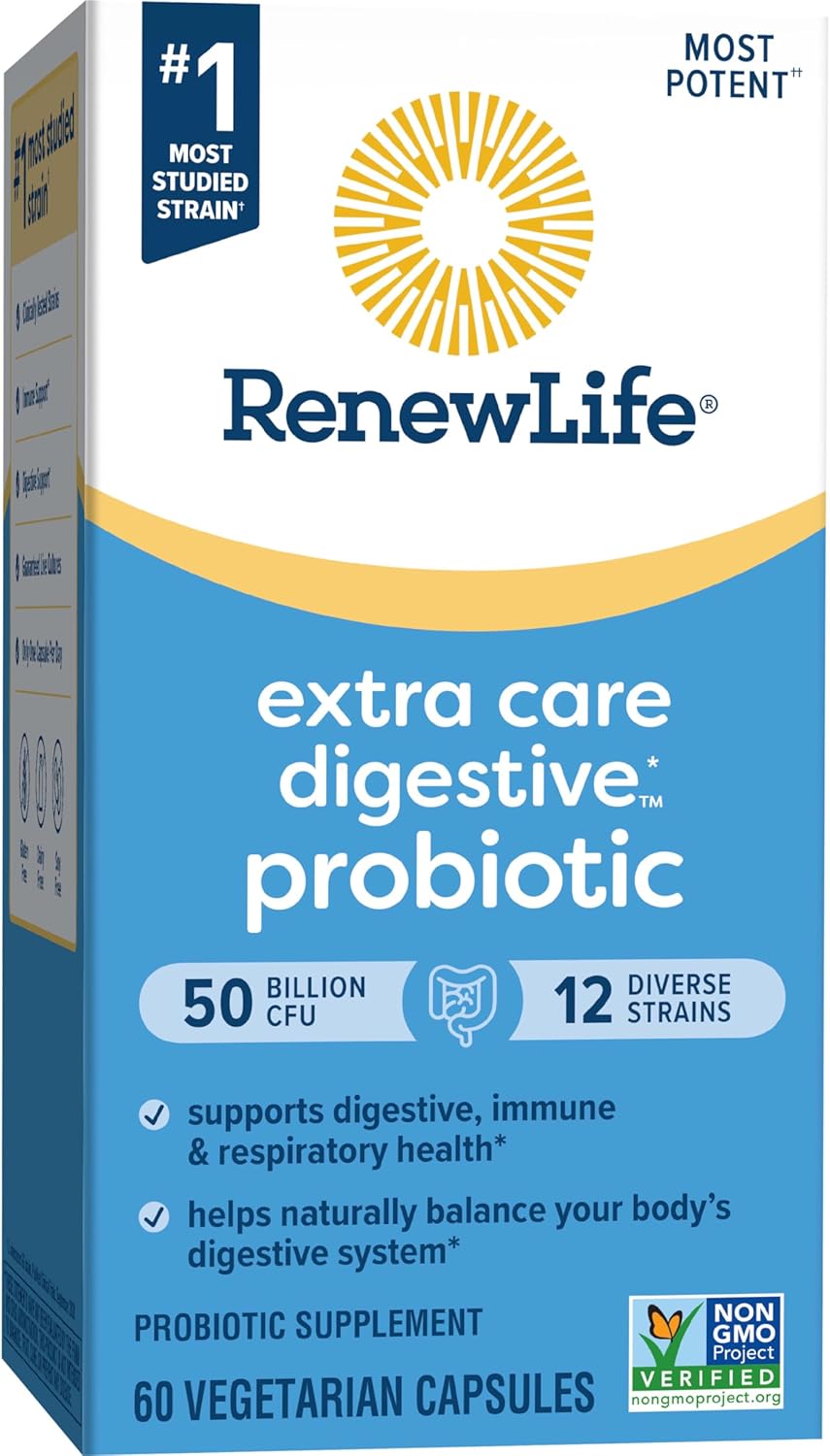 Renew Life Extra Care Probiotic Capsules, 50 Billion CFU, Daily Supplement for Immune, Digestive, Respiratory Health - 60 Count