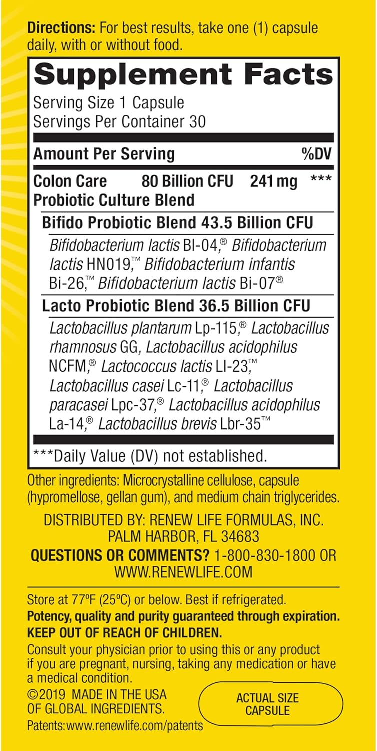 Renew Life Probiotic Colon Care Capsules - 80 Billion CFU, 30 Count - Supports Colon Health, L. Rhamnosus GG, Dairy/Soy/Gluten-Free