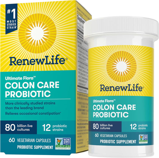 Renew Life Probiotic Colon Care Capsules - Colon Support Supplement, L. Rhamnosus GG, Dairy/Soy/Gluten-Free, 80B CFU, 60ct