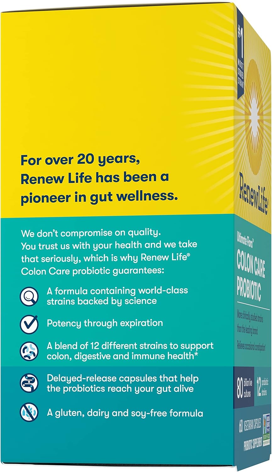 Renew Life Probiotic Colon Care Capsules - Colon Support Supplement, L. Rhamnosus GG, Dairy/Soy/Gluten-Free, 80B CFU, 60ct