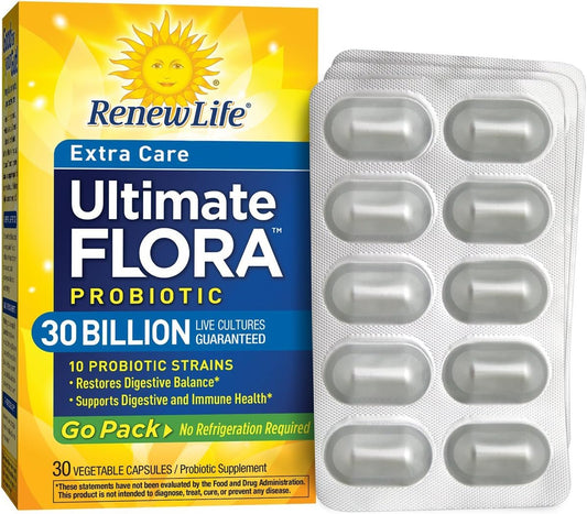 Renew Life Ultimate Flora Probiotic Extra Care Go Pack - 30 Billion CFU - 30 Vegetable Capsules - Shelf Stable Supplement