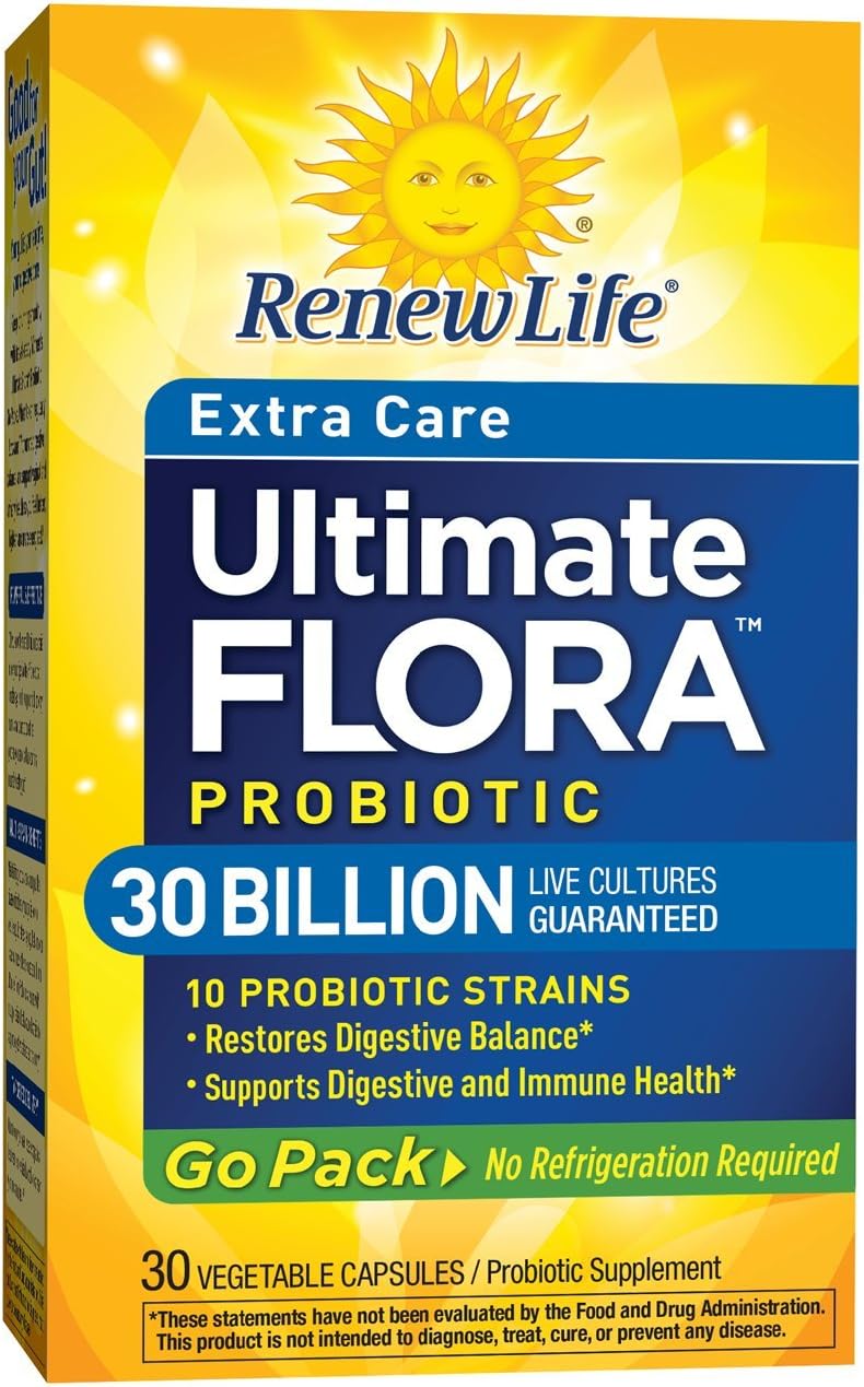Renew Life Ultimate Flora Probiotic Extra Care Go Pack - 30 Billion CFU - 30 Vegetable Capsules - Shelf Stable Supplement
