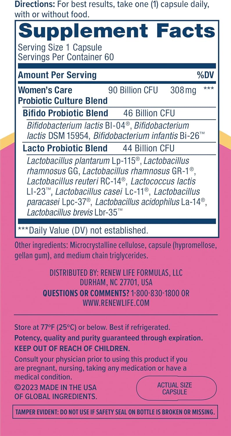 Renew-Life Women's Probiotic: 90 Billion CFU for Vaginal, Urinary, & Digestive Health - L. Rhamnosus GG, Dairy, Soy, & Gluten-Free - 60 Capsules