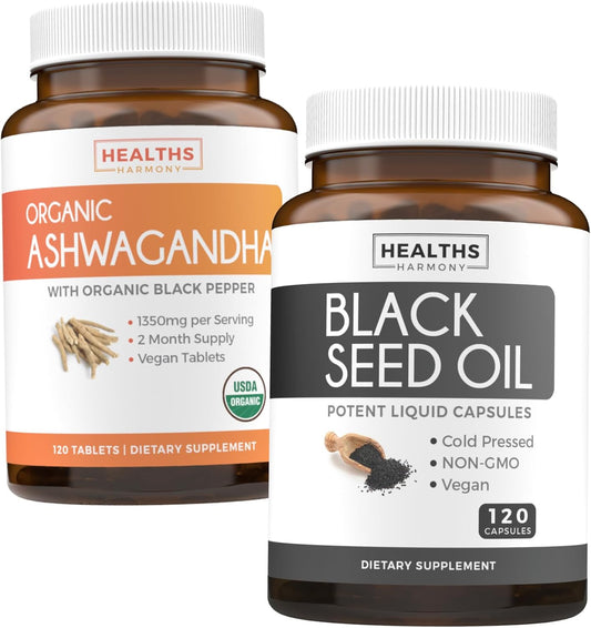Renew & Recharge Bundle: Black Seed Oil & Organic Ashwagandha - 120 Soft-gel Capsules + 120 Tablets - Non-GMO & Vegetarian