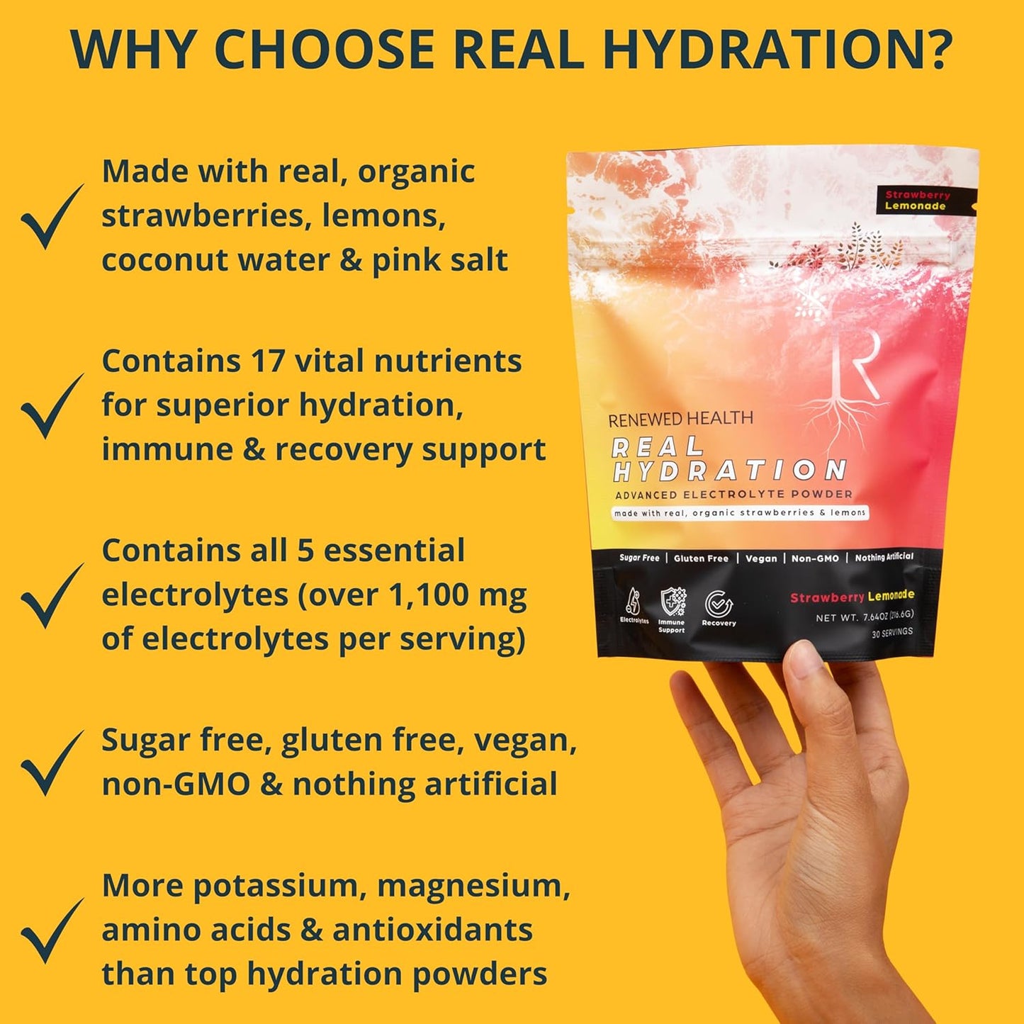 Renewed Health Real Hydration Electrolyte Powder with Organic Fruits & Pink Salt - Sugar-Free Vegan Formula for Hydration, Immunity, Energy & Recovery - Strawberry Lemonade (15 Servings)