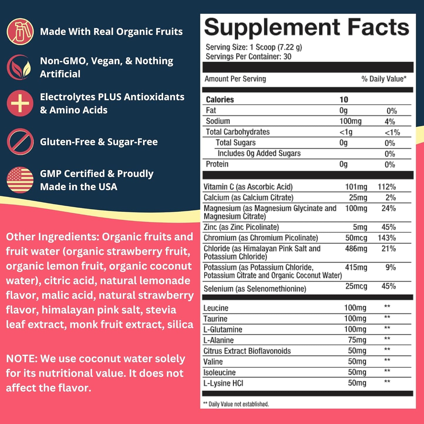 Renewed Health Real Hydration Electrolyte Powder with Organic Fruits & Pink Salt - Sugar-Free Vegan Formula for Hydration, Immunity, Energy & Recovery - Strawberry Lemonade (15 Servings)