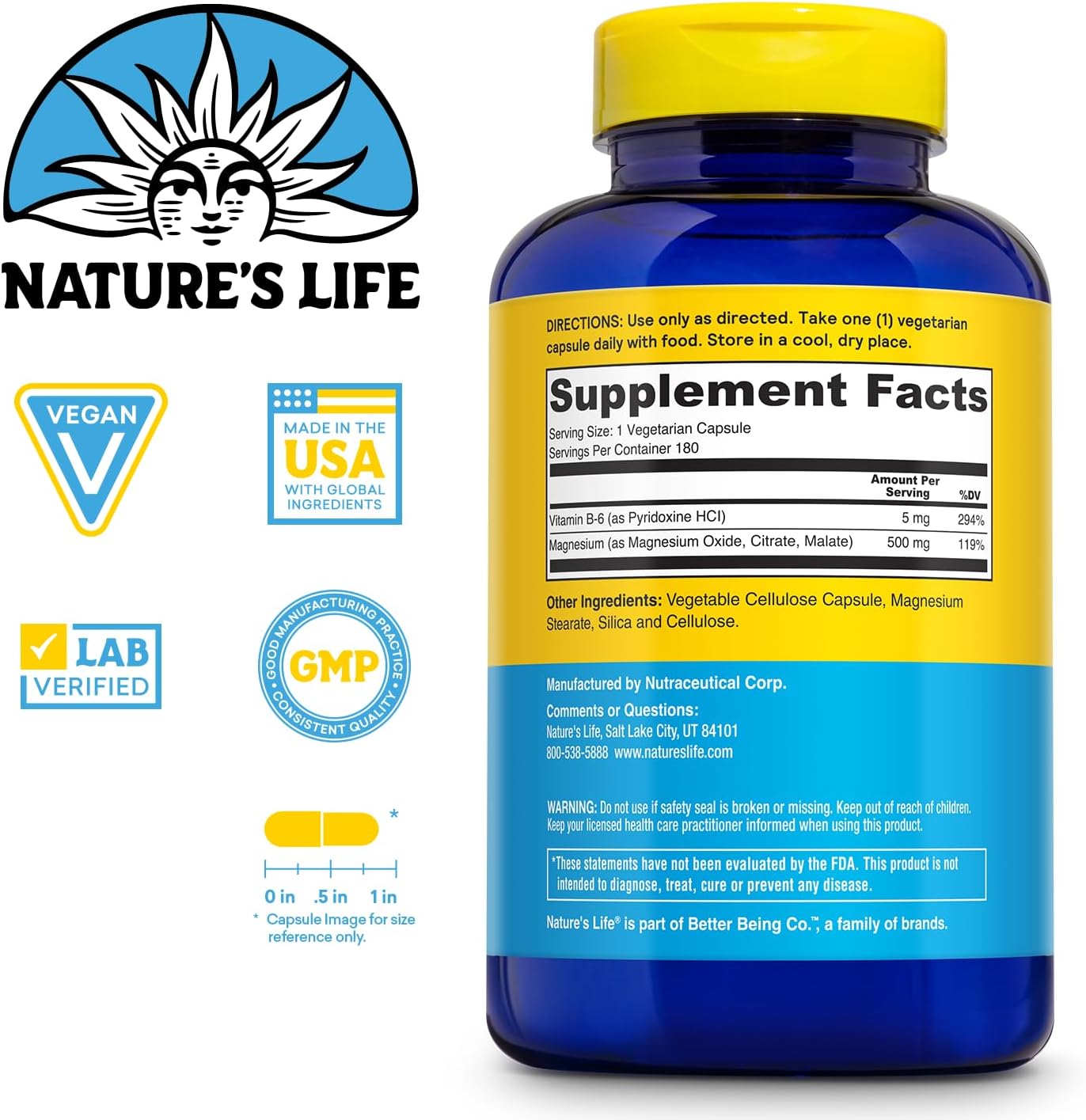 Renewing Magnesium 500mg with Vitamin B-6 for Muscles and Nerves Support - Lab Verified - 180 Servings