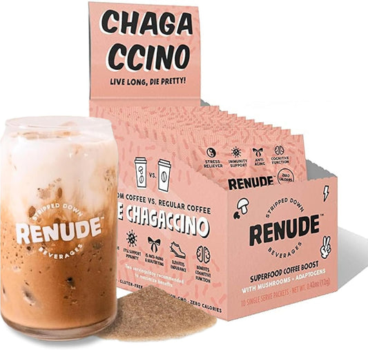 Renude Chagaccino: Vegan Mushroom Coffee Drink Mix with Adaptogens, Zero Calorie Powder - 10 Servings