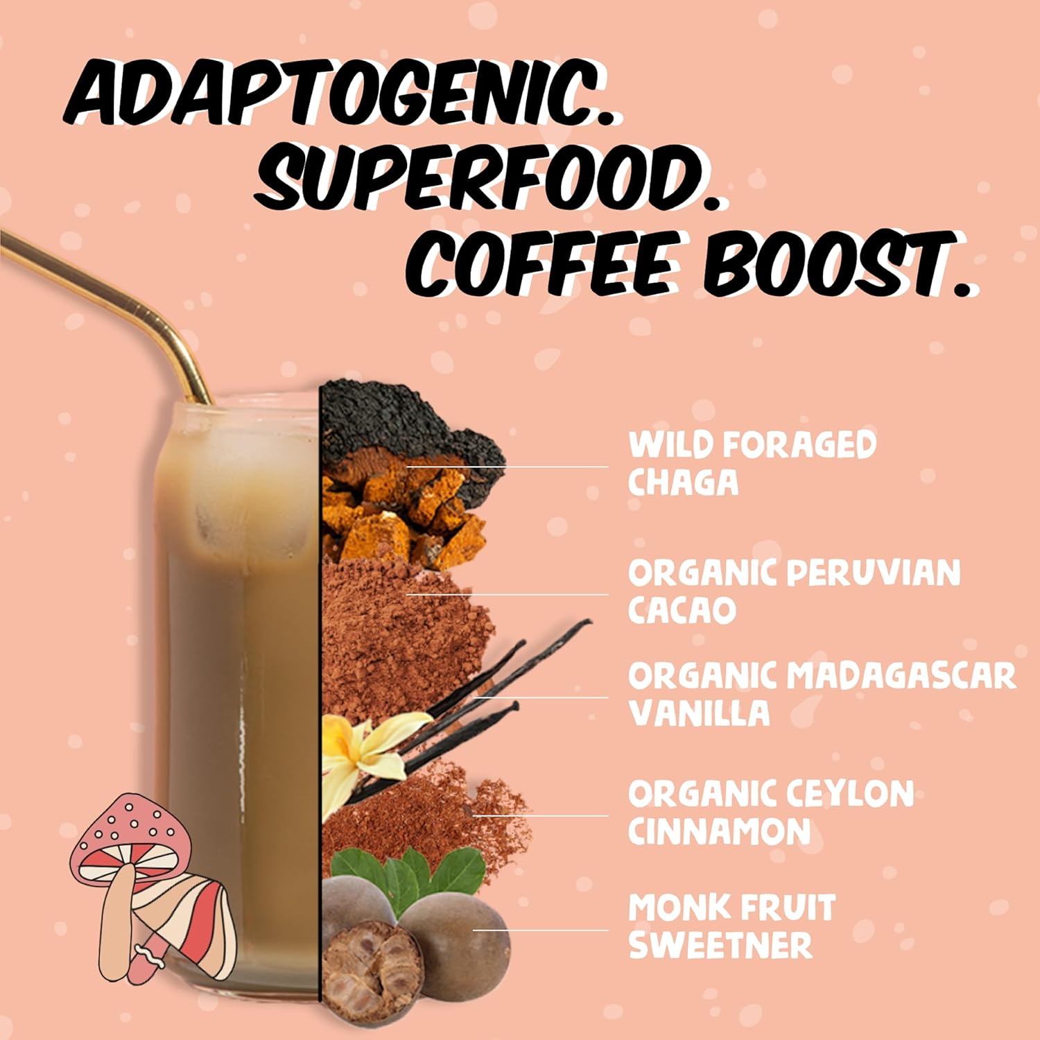 Renude Chagaccino: Vegan Mushroom Coffee Drink Mix with Adaptogens, Zero Calorie Powder - 10 Servings