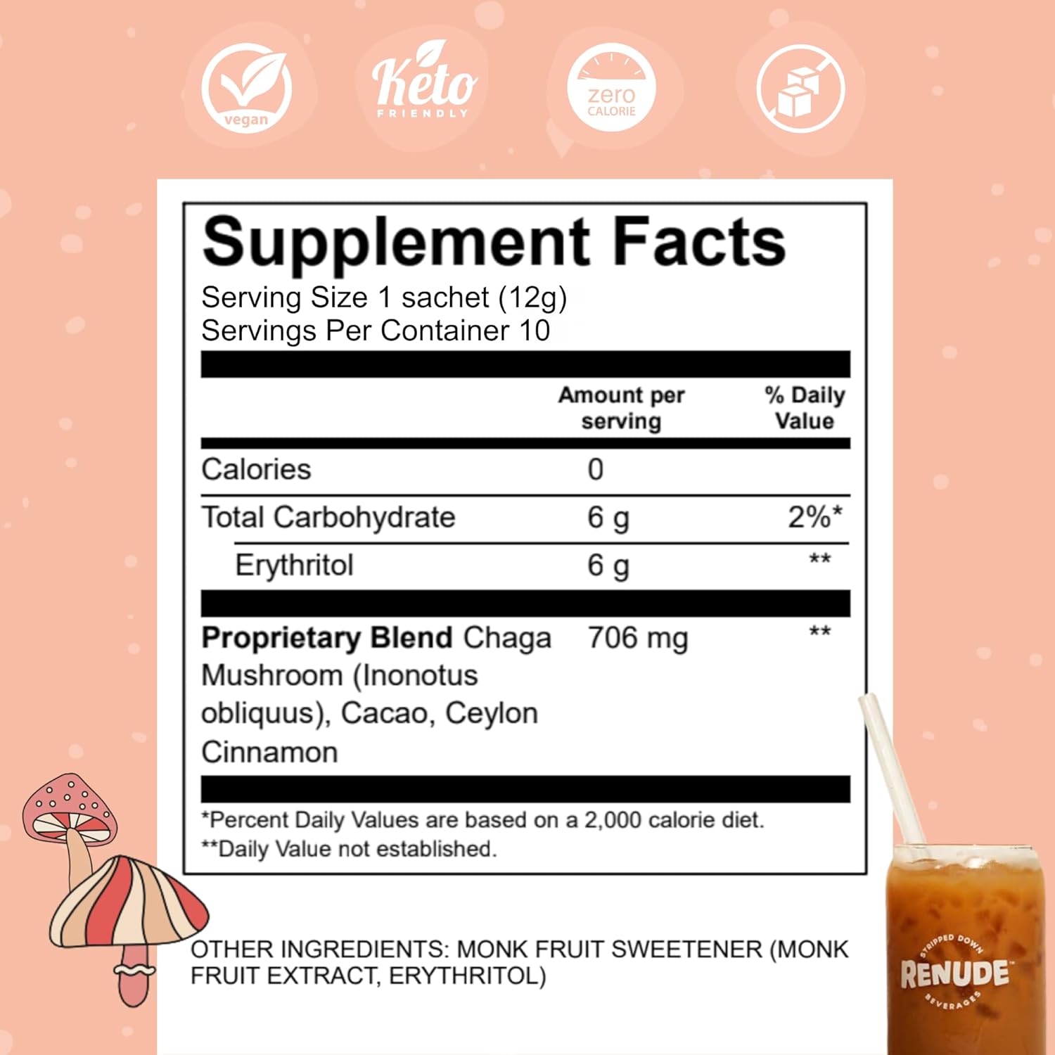 Renude Chagaccino: Vegan Mushroom Coffee Drink Mix with Adaptogens, Zero Calorie Powder - 10 Servings