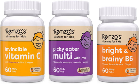Renzo's Back to School Bundle: Vitamin B6, Picky Eater Multivitamin, Kids Immune Support Vitamin C with Elderberry & Zinc
