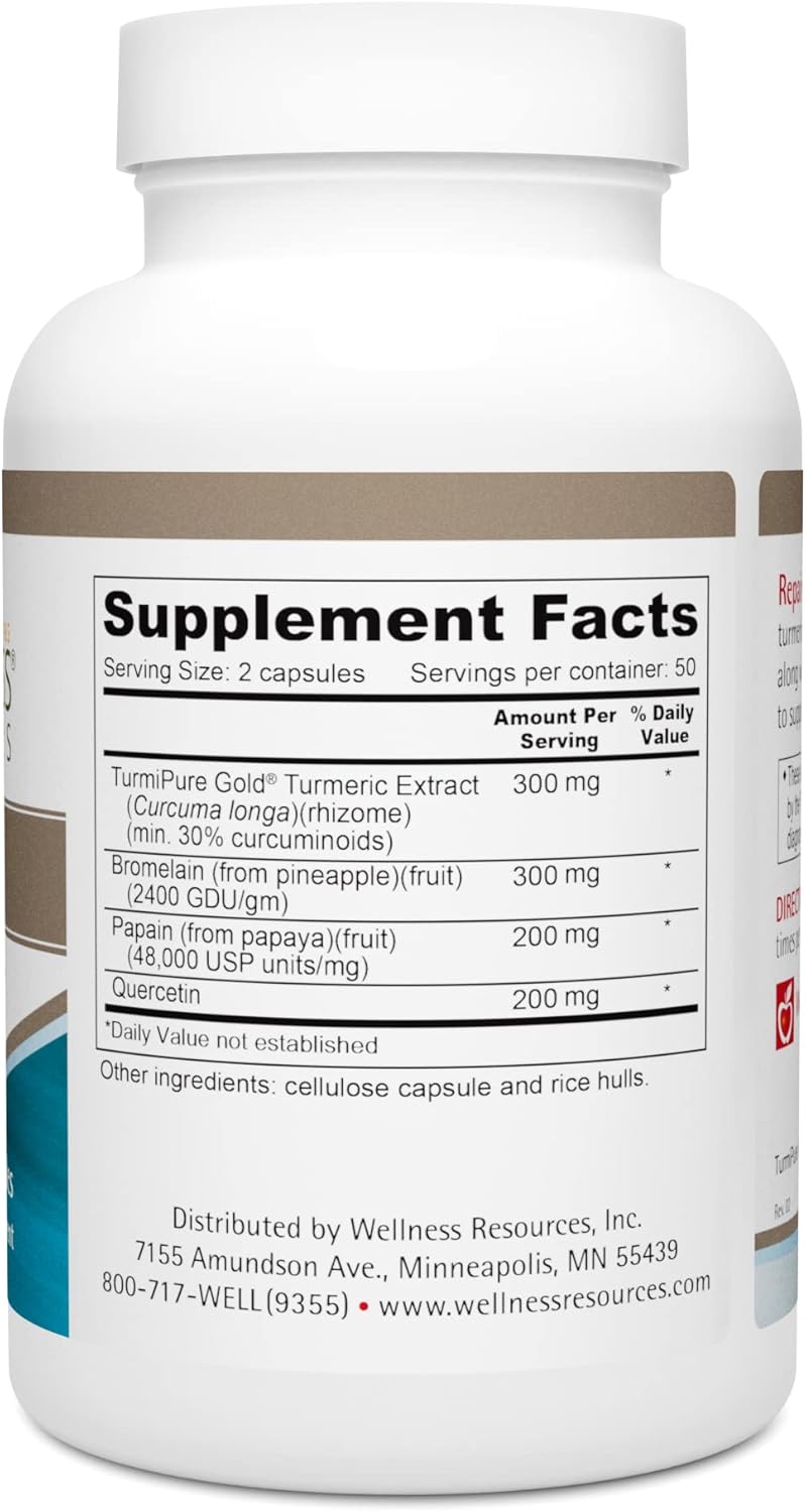 Repair Plus TurmiPure Gold Turmeric Capsules with Quercetin, Bromelain, and Papain - Supports Repair, Recovery, and Tissue Health, 100 ct.